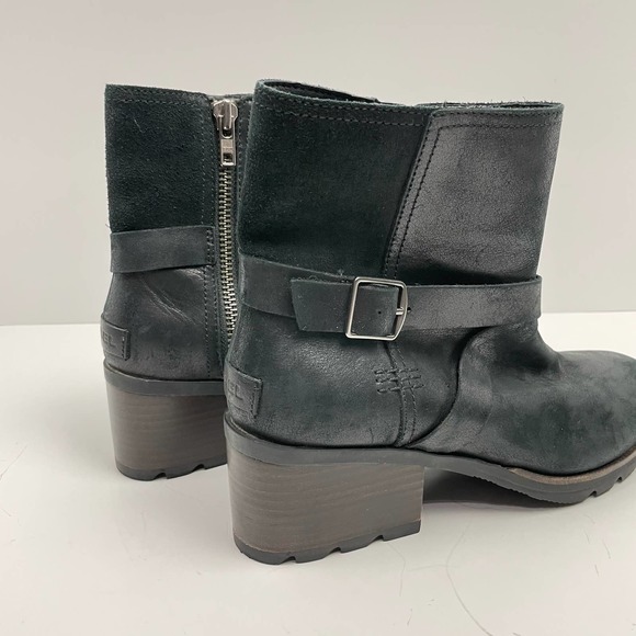 Sorel | Cate Buckle Black Leather Waterproof Block Heel Ankle Boots Booties - Picture 9 of 11